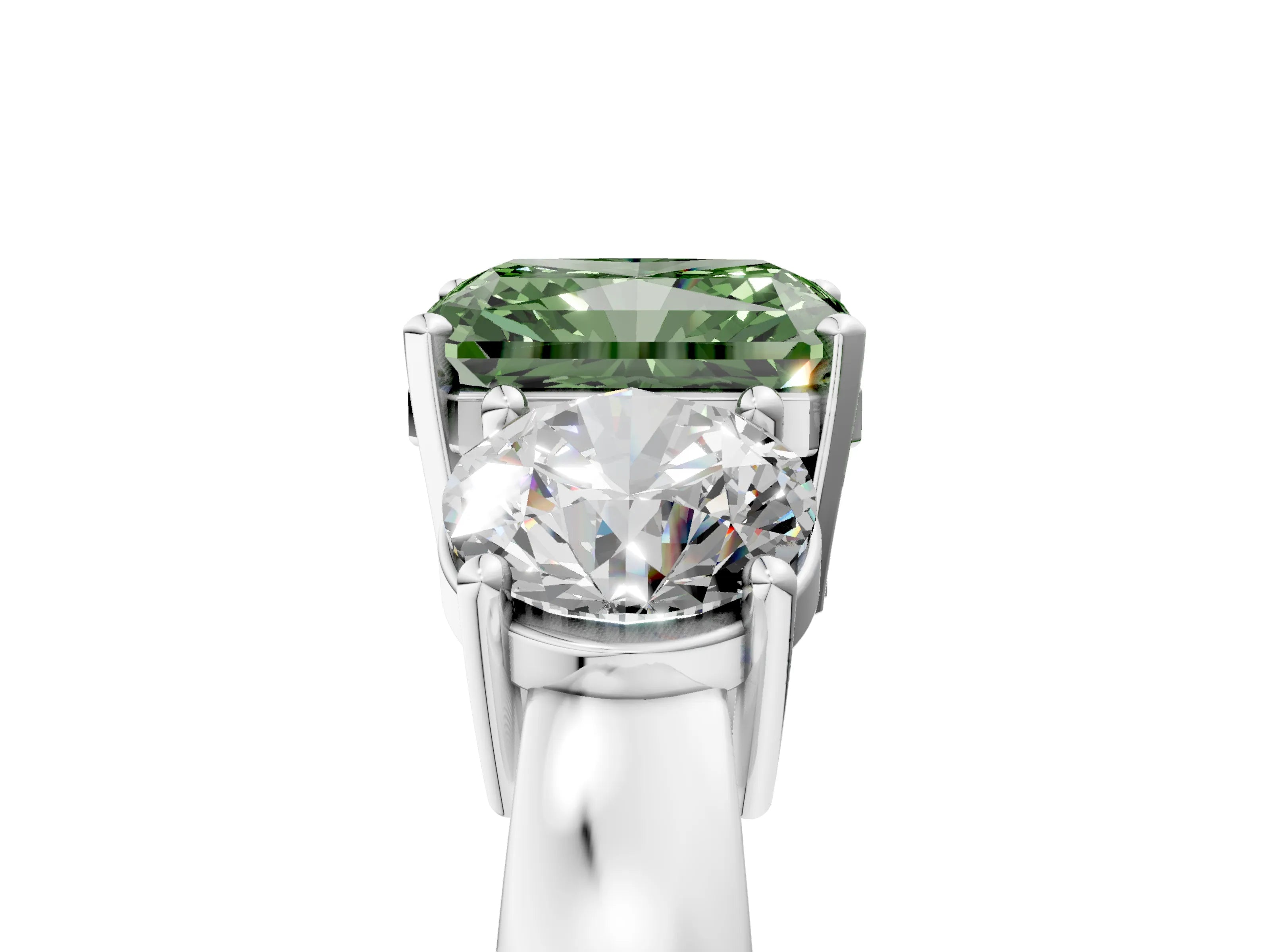 White gold Three-Stone Fancy Green Radiant Cut Diamond Ring with Round Side Stones, Classic Band, and Four-Prong Setting_5
