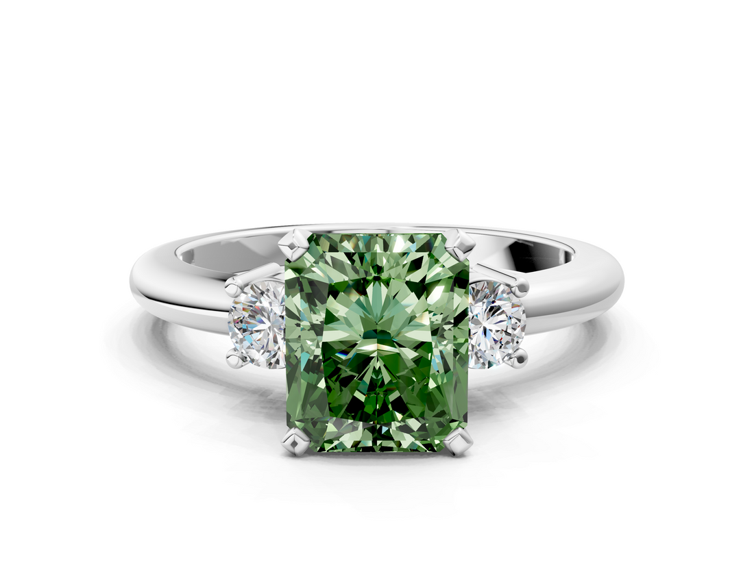 White gold Three-Stone Fancy Green Radiant  Cut Diamond Solitaire with Prong Setting and Classic Band_45