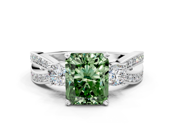 Platinum Three-Stone Fancy Green Radiant  Cut Diamond Twist Band with Prong Setting