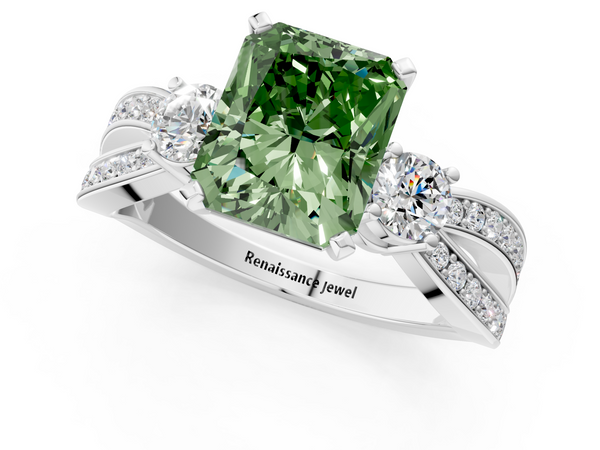 Platinum Three-Stone Fancy Green Radiant  Cut Diamond Twist Band with Prong Setting