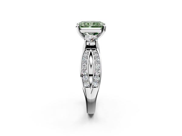 Platinum Three-Stone Fancy Green Radiant  Cut Diamond Twist Band with Prong Setting