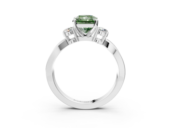 Platinum Three-Stone Fancy Green Radiant  Cut Diamond Twist Band with Prong Setting