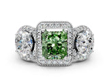 White gold Three-Stone Fancy Green Radiant Cut Halo Diamond Milgrain Band with Four-Prong Setting