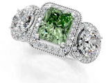White gold Three-Stone Fancy Green Radiant Cut Halo Diamond Milgrain Band with Four-Prong Setting_1