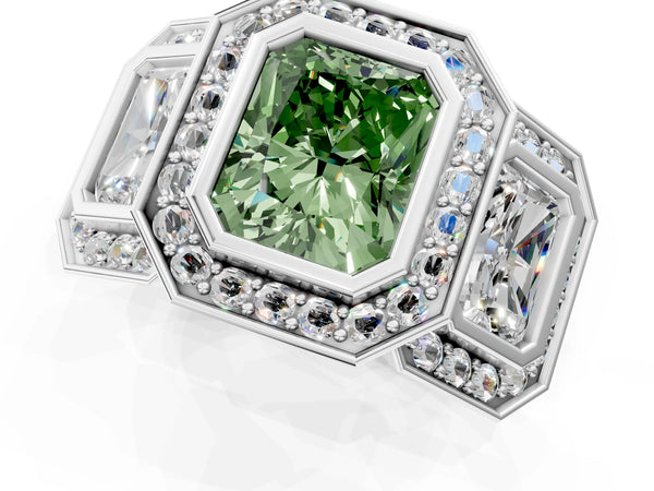 White gold Three-Stone Fancy Green Radiant Cut Halo Pavé Diamond Ring