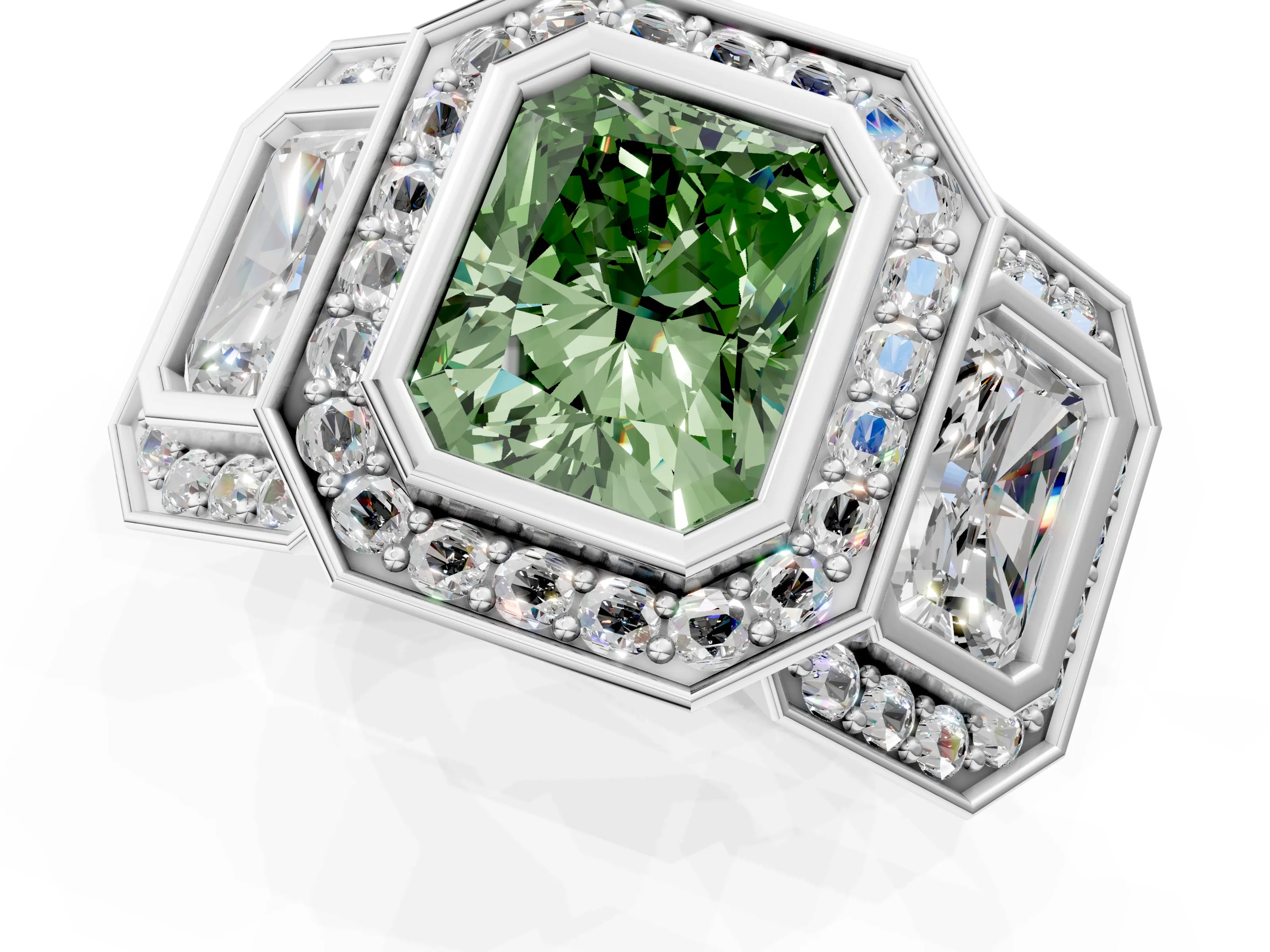 White gold Three-Stone Fancy Green Radiant Cut Halo Pavé Diamond Ring_1