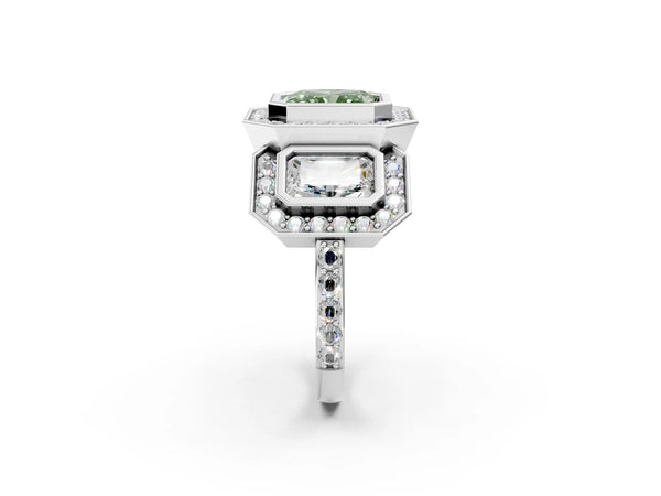 White gold Three-Stone Fancy Green Radiant Cut Halo Pavé Diamond Ring