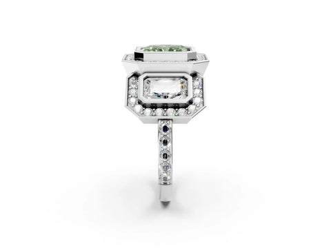 White gold Three-Stone Fancy Green Radiant Cut Halo Pavé Diamond Ring_2