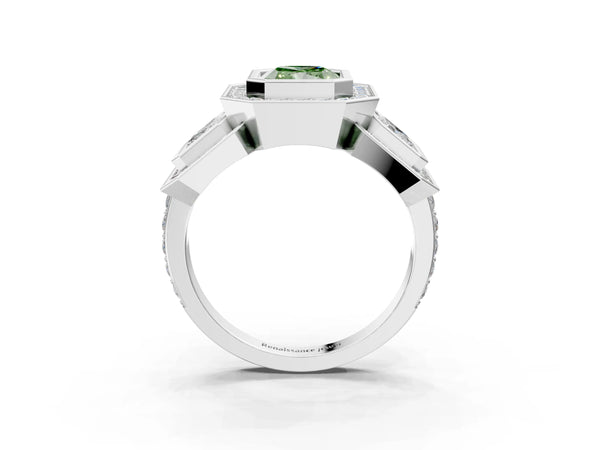 White gold Three-Stone Fancy Green Radiant Cut Halo Pavé Diamond Ring