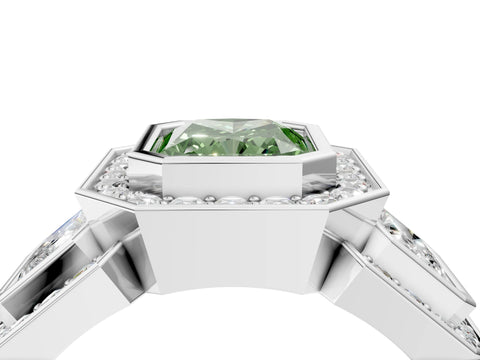 White gold Three-Stone Fancy Green Radiant Cut Halo Pavé Diamond Ring_4