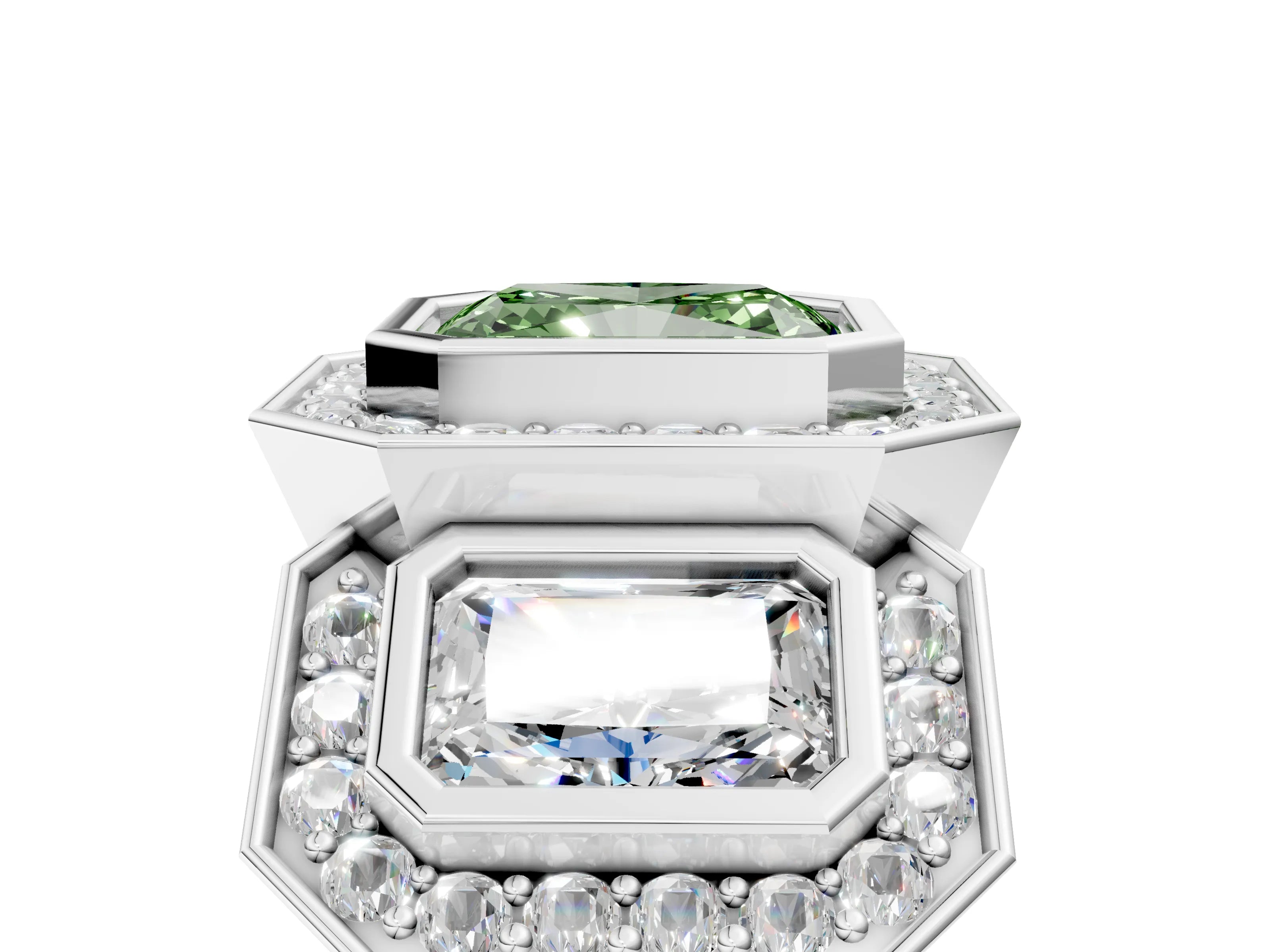 White gold Three-Stone Fancy Green Radiant Cut Halo Pavé Diamond Ring_5
