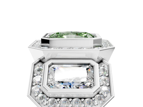 White gold Three-Stone Fancy Green Radiant Cut Halo Pavé Diamond Ring_5