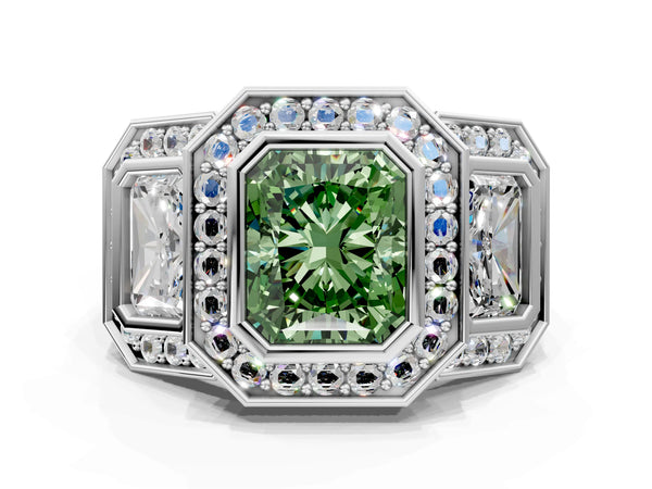 White gold Three-Stone Fancy Green Radiant Cut Halo Pavé Diamond Ring