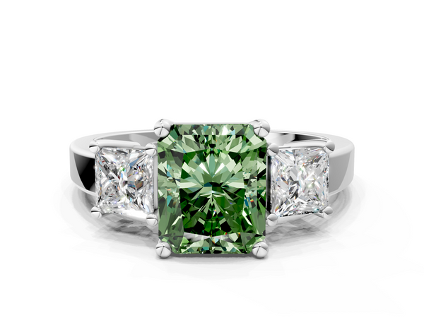 Platinum Three-Stone Fancy Green Radiant  Cut Solitaire Ring with Prong Setting