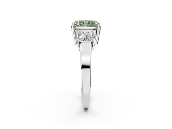 Platinum Three-Stone Fancy Green Radiant  Cut Solitaire Ring with Prong Setting