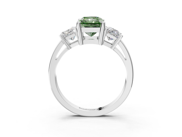 Platinum Three-Stone Fancy Green Radiant  Cut Solitaire Ring with Prong Setting
