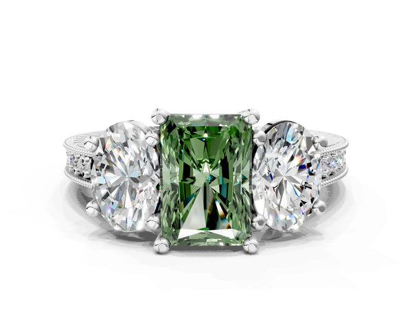 White gold Three-Stone Fancy Green Radiant  Diamond Milgrain Pave Band with Prong Setting