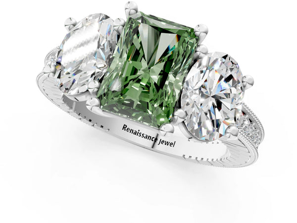 White gold Three-Stone Fancy Green Radiant  Diamond Milgrain Pave Band with Prong Setting