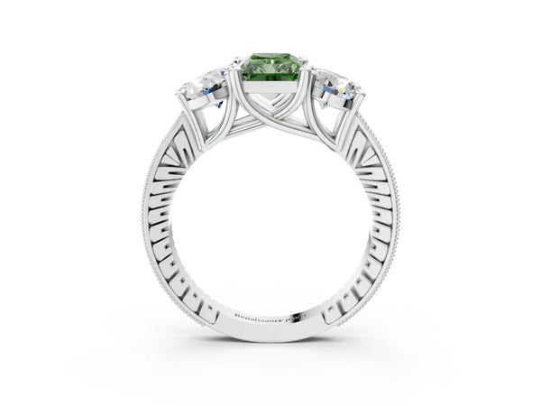White gold Three-Stone Fancy Green Radiant  Diamond Milgrain Pave Band with Prong Setting