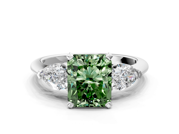 White gold Three-Stone Fancy Green Radiant Cut Diamond Ring with Pear Side Stones and Four-Prong Setting