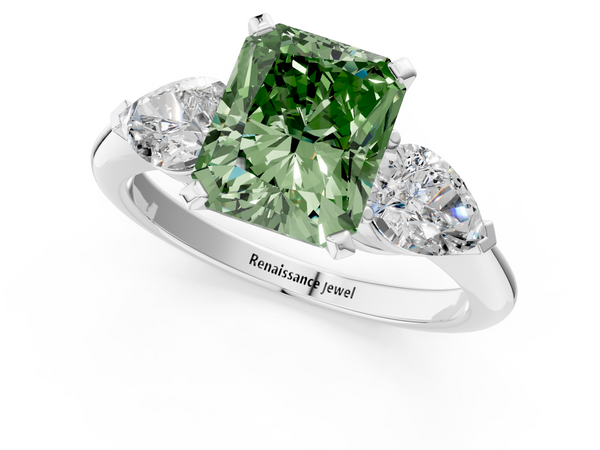 White gold Three-Stone Fancy Green Radiant Cut Diamond Ring with Pear Side Stones and Four-Prong Setting
