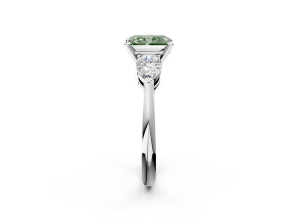 White gold Three-Stone Fancy Green Radiant Cut Diamond Ring with Pear Side Stones and Four-Prong Setting