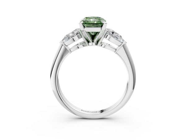 White gold Three-Stone Fancy Green Radiant Cut Diamond Ring with Pear Side Stones and Four-Prong Setting