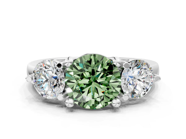 White gold Three-Stone Fancy Green Round  Brilliant Cut Solitaire Ring with Prong Setting on a Classic Band