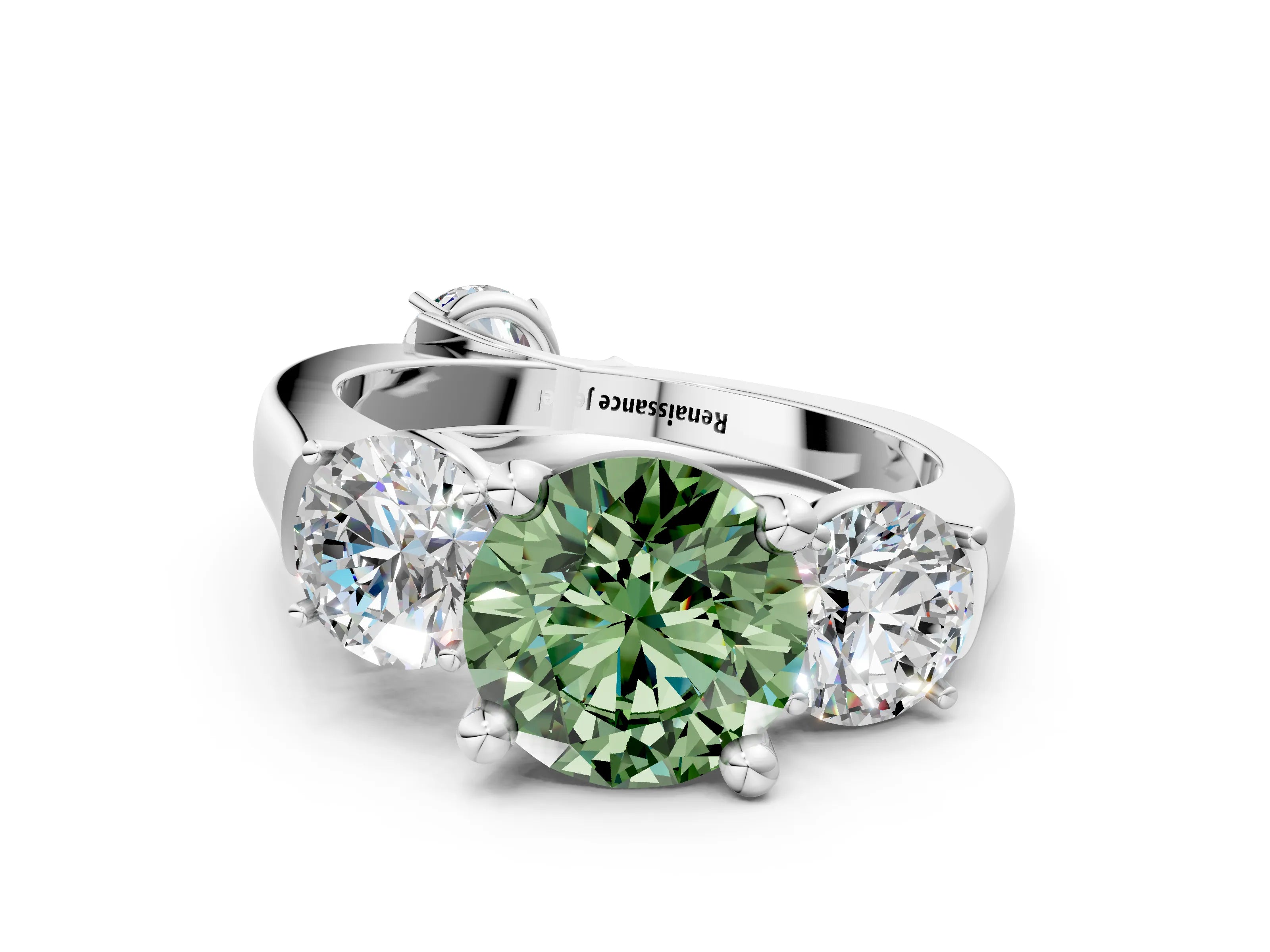 White gold Three-Stone Fancy Green Round Cut Brilliant Diamond Trellis Ring with Comfort Fit Band_12