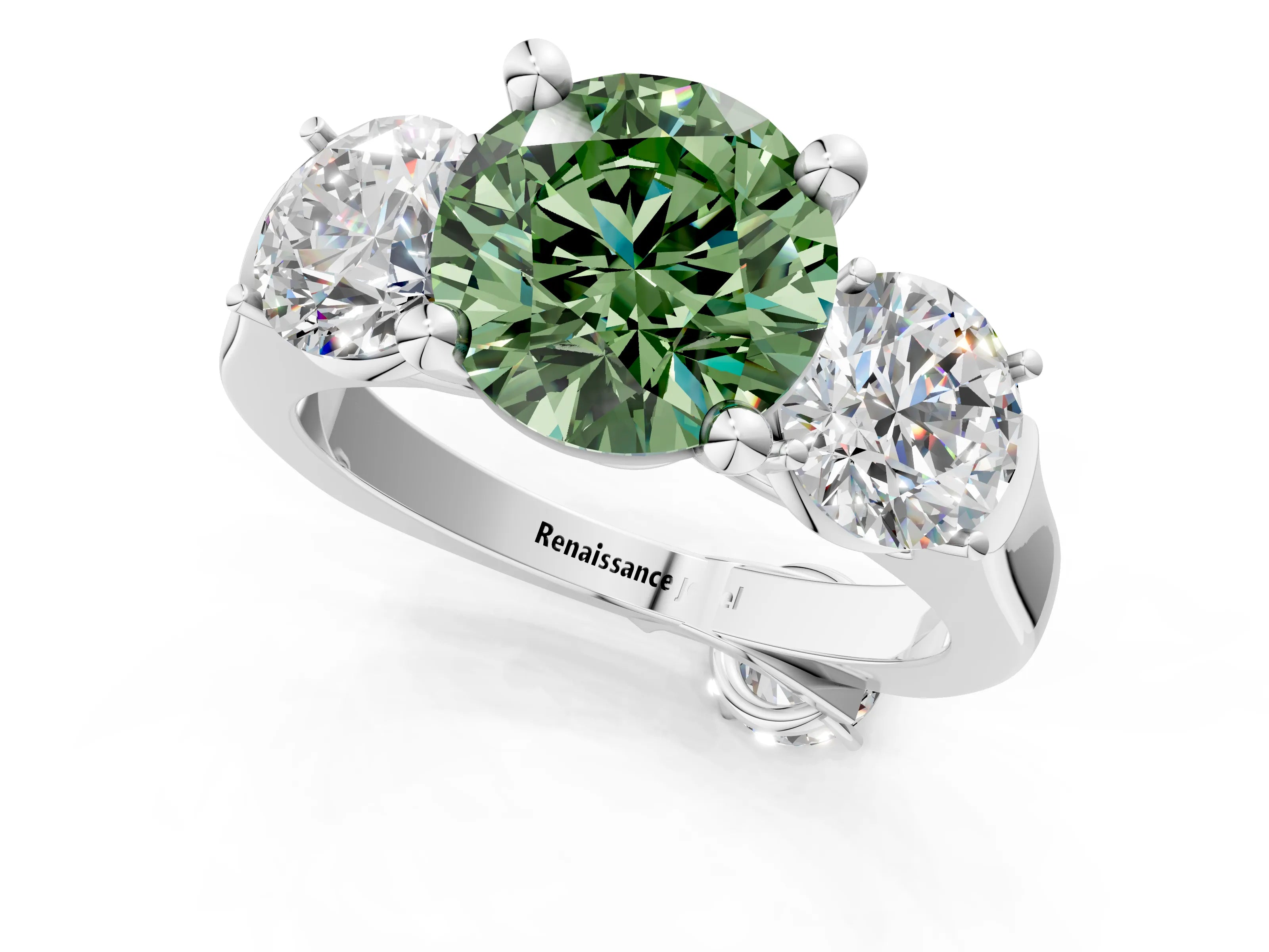 White gold Three-Stone Fancy Green Round Cut Brilliant Diamond Trellis Ring with Comfort Fit Band_13