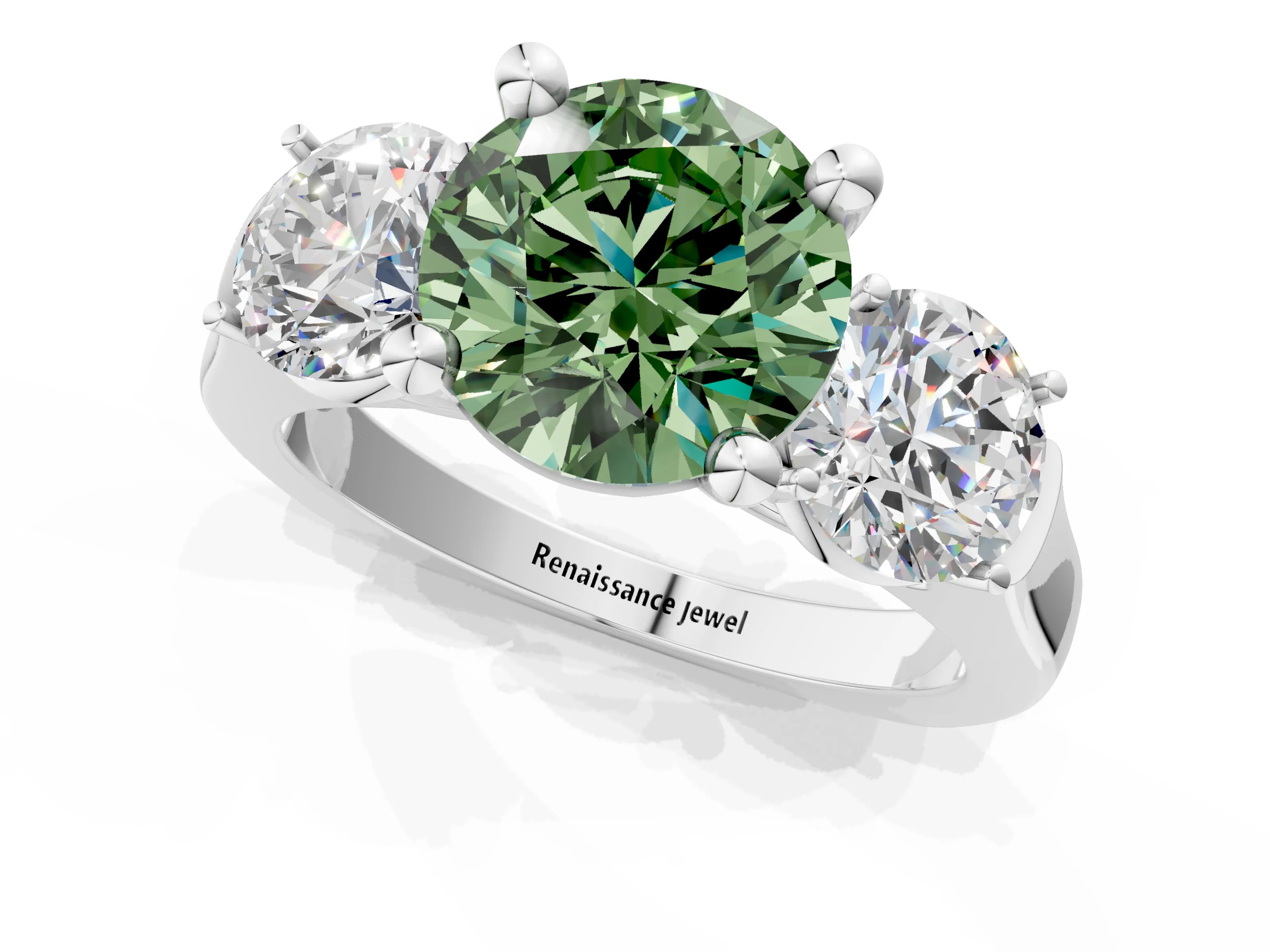 White gold Three-Stone Fancy Green Round Cut Brilliant Diamond Trellis Ring with Comfort Fit Band_13