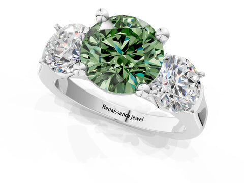 White gold Three-Stone Fancy Green Round Cut Brilliant Diamond Trellis Ring with Comfort Fit Band_13