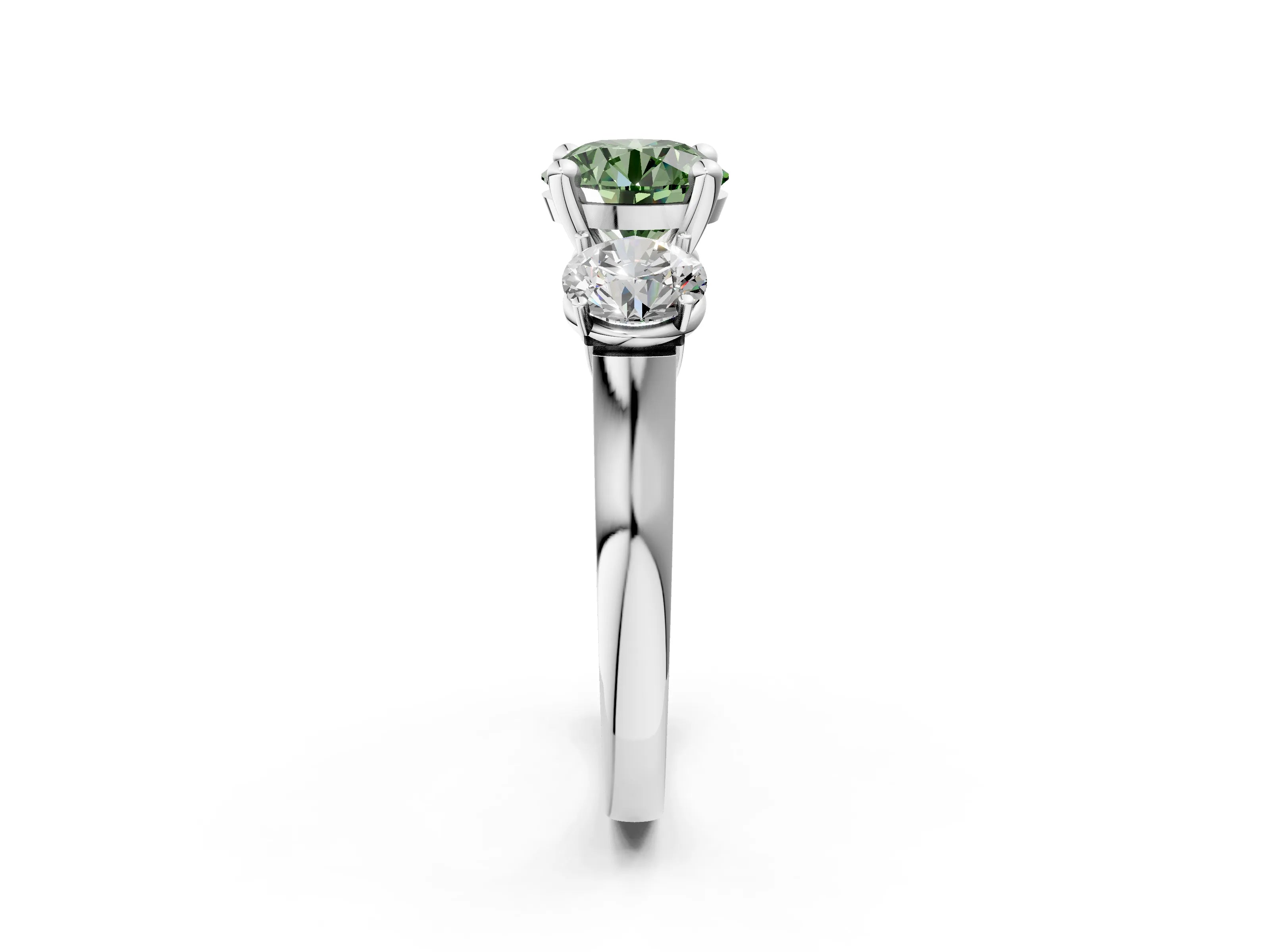 White gold Three-Stone Fancy Green Round Cut Brilliant Diamond Trellis Ring with Comfort Fit Band_14