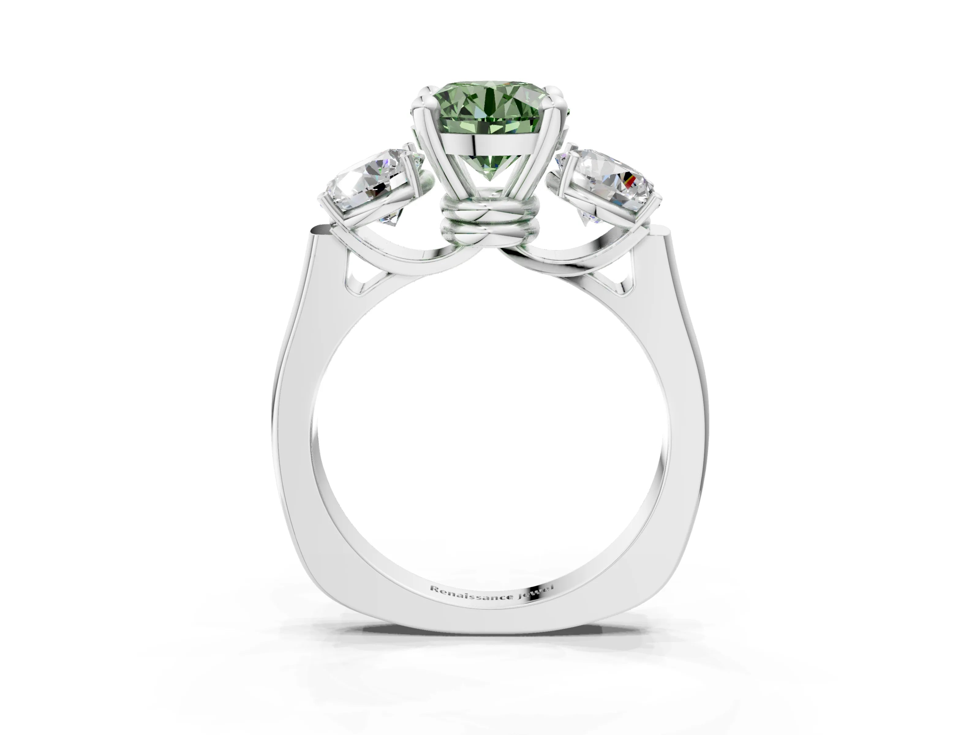 White gold Three-Stone Fancy Green Round Cut Brilliant Diamond Trellis Ring with Comfort Fit Band_15