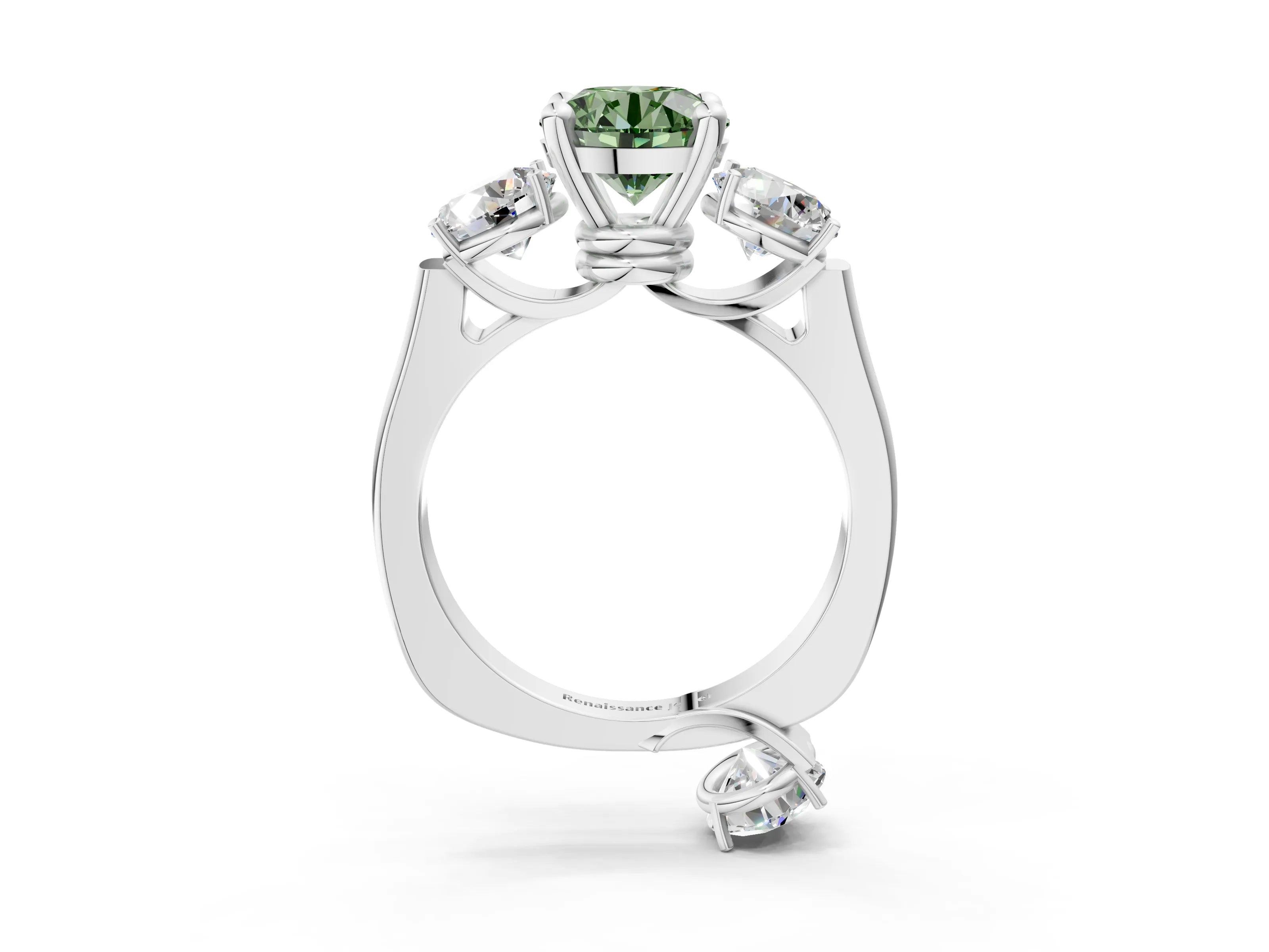 White gold Three-Stone Fancy Green Round Cut Brilliant Diamond Trellis Ring with Comfort Fit Band_15