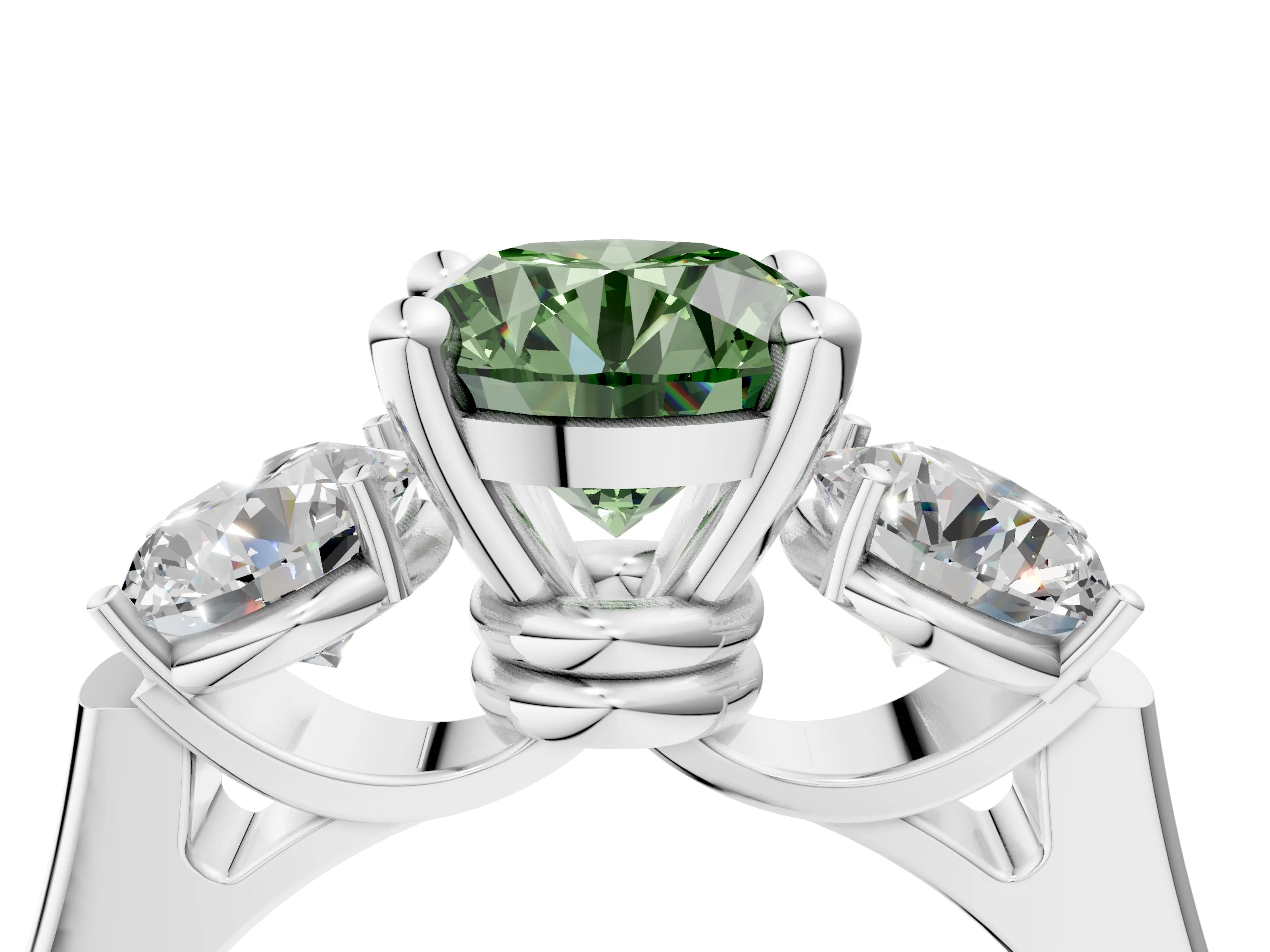 White gold Three-Stone Fancy Green Round Cut Brilliant Diamond Trellis Ring with Comfort Fit Band_16