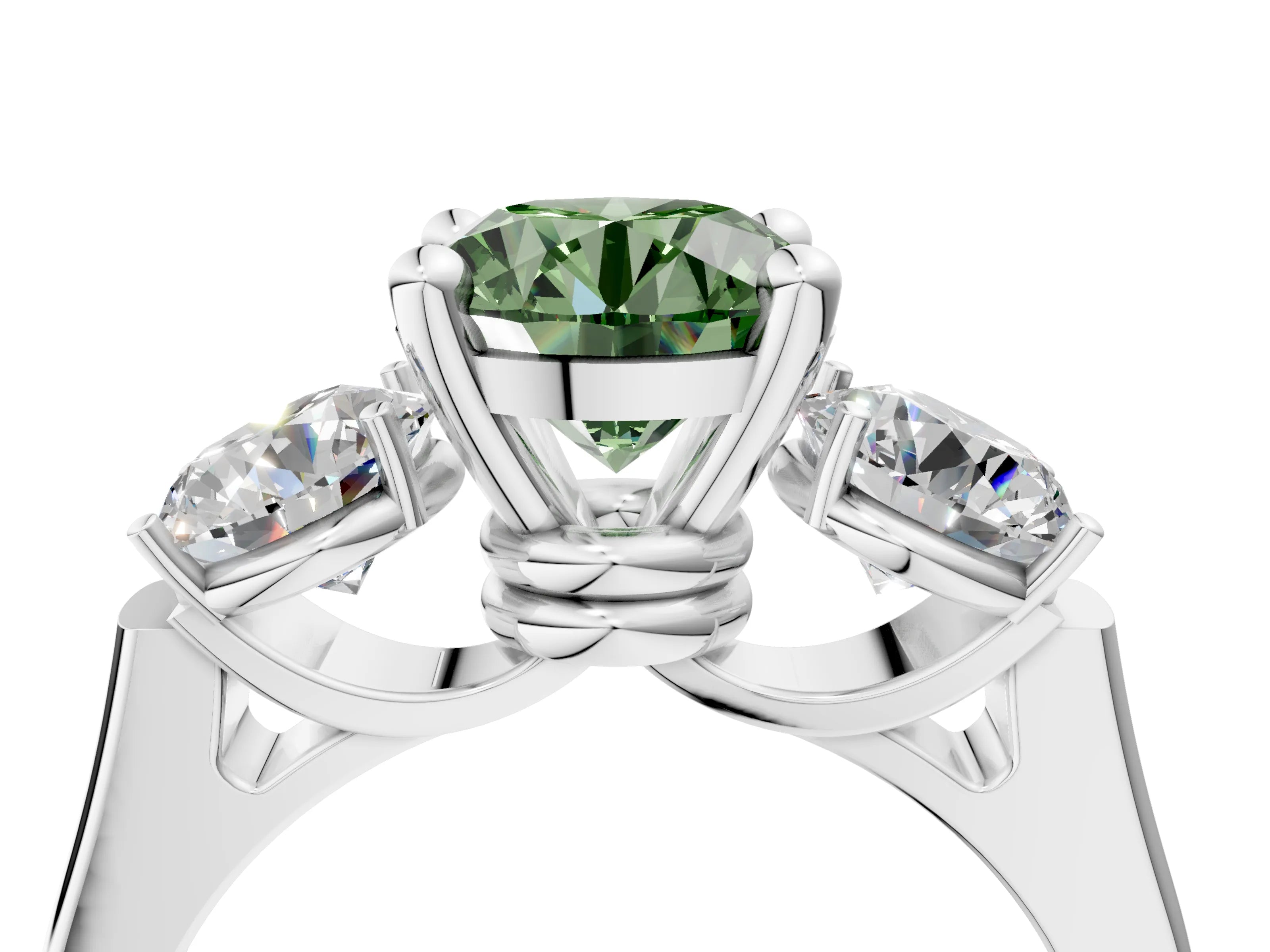 White gold Three-Stone Fancy Green Round Cut Brilliant Diamond Trellis Ring with Comfort Fit Band_16