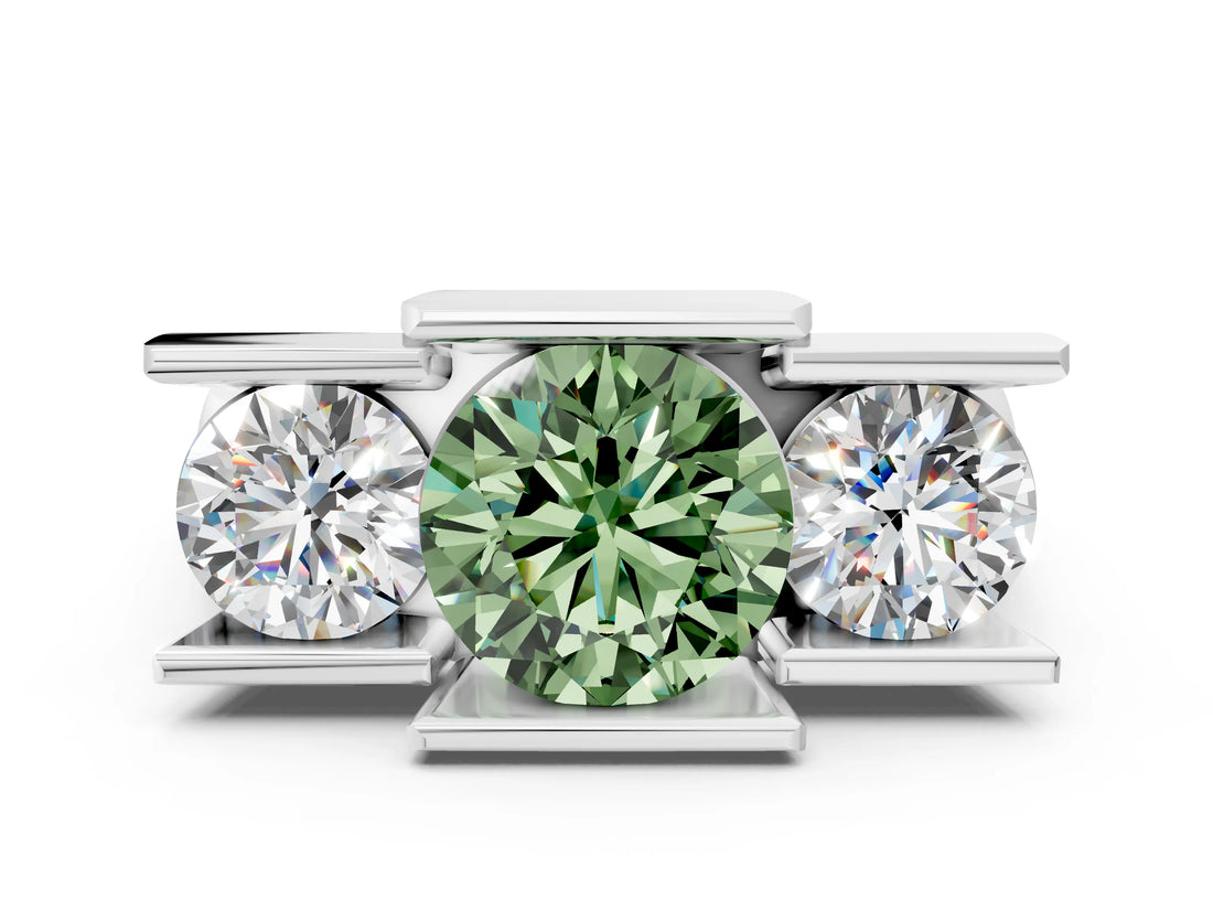 White gold Three Stone Fancy Green Round Cut Cut Channel Set Diamond Ring_24