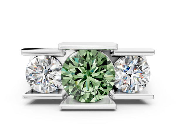 White gold Three Stone Fancy Green Round Cut Cut Channel Set Diamond Ring