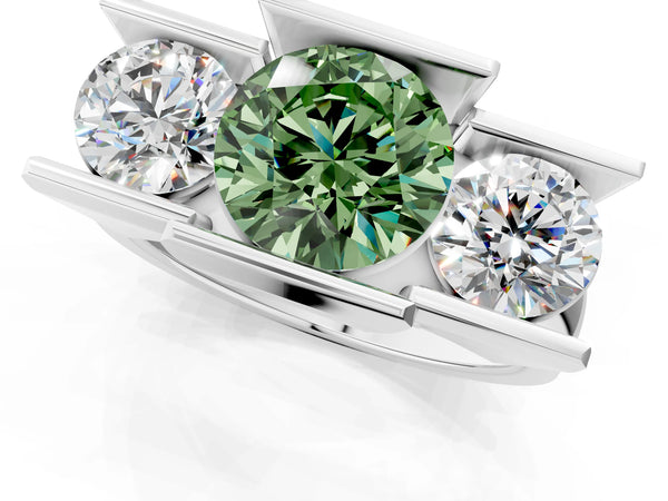 White gold Three Stone Fancy Green Round Cut Cut Channel Set Diamond Ring