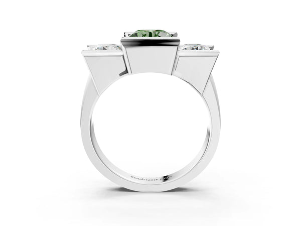 White gold Three Stone Fancy Green Round Cut Cut Channel Set Diamond Ring