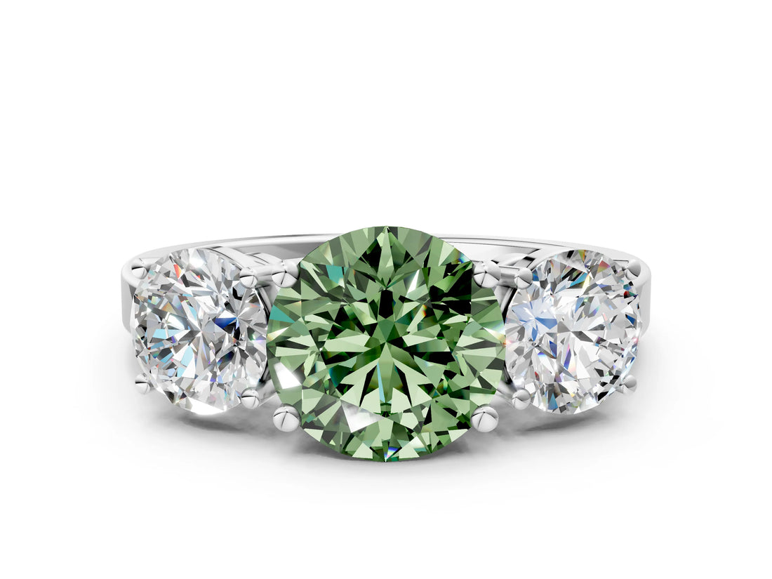 White gold Three-Stone Fancy Green Round Cut Cut Diamond Engagement Ring with Flat Band and Four-Prong Setting_12