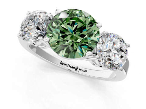 White gold Three-Stone Fancy Green Round Cut Cut Diamond Engagement Ring with Flat Band and Four-Prong Setting_13
