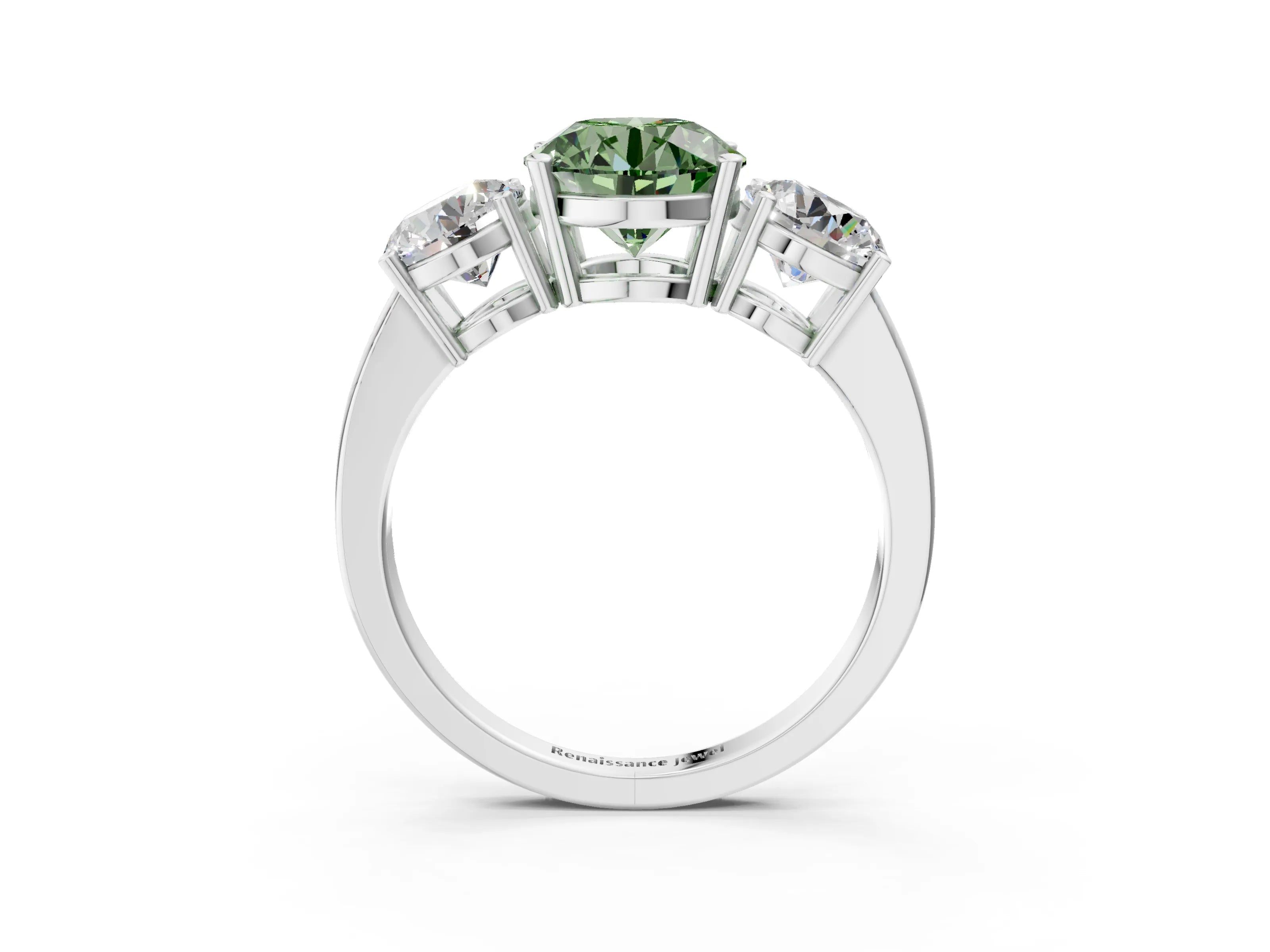 White gold Three-Stone Fancy Green Round Cut Cut Diamond Engagement Ring with Flat Band and Four-Prong Setting_15