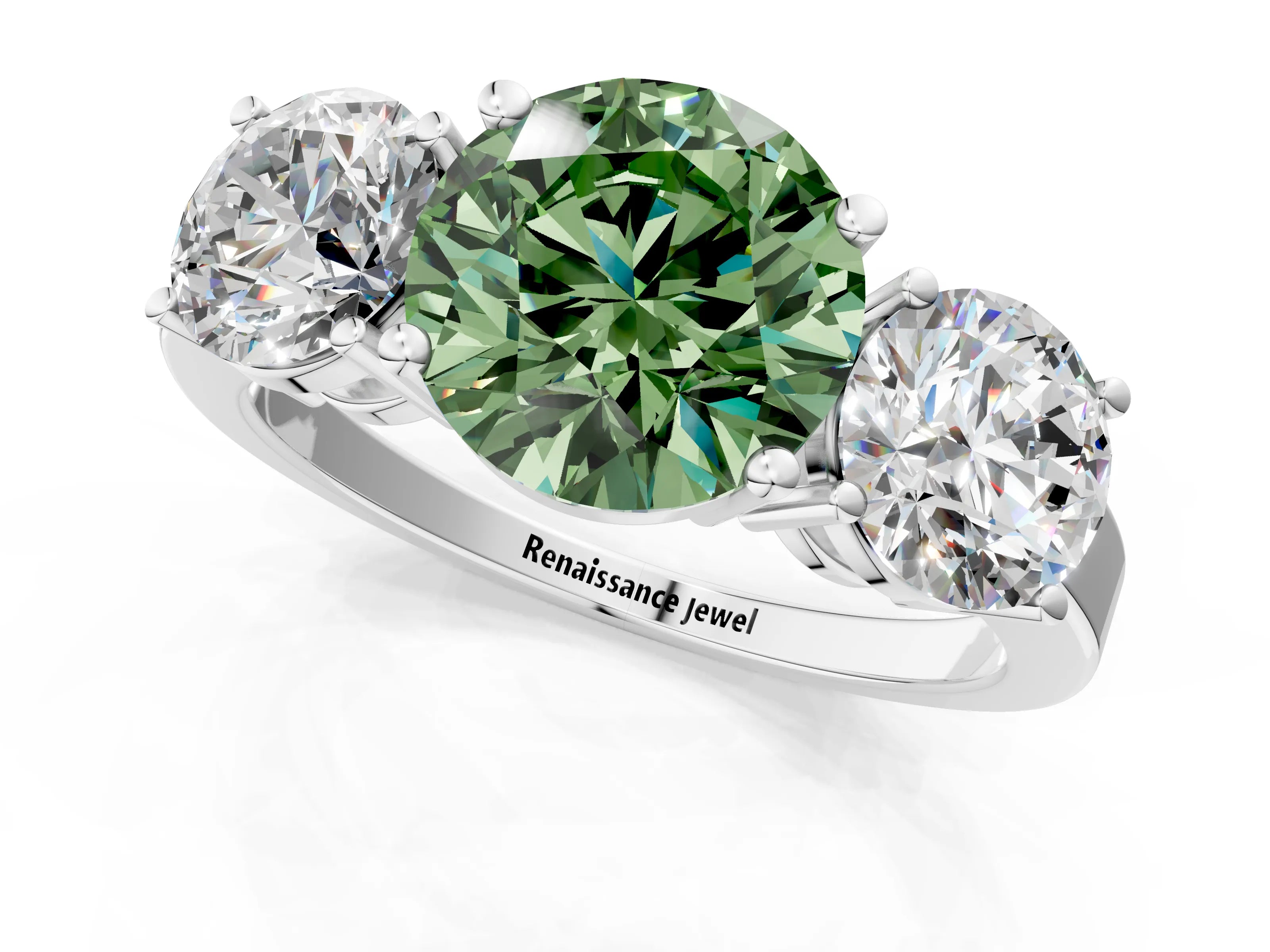 White gold Three-Stone Fancy Green Round Cut Cut Diamond Engagement Ring with Flat Band and Four-Prong Setting_1