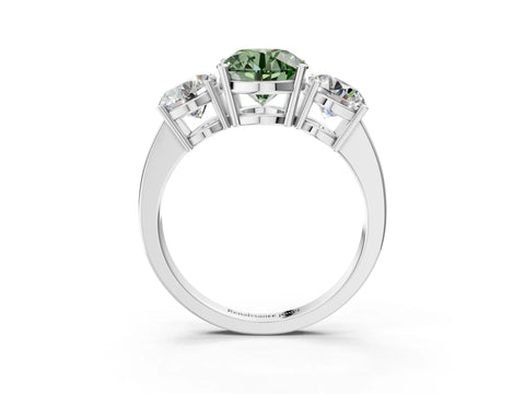 White gold Three-Stone Fancy Green Round Cut Cut Diamond Engagement Ring with Flat Band and Four-Prong Setting_3