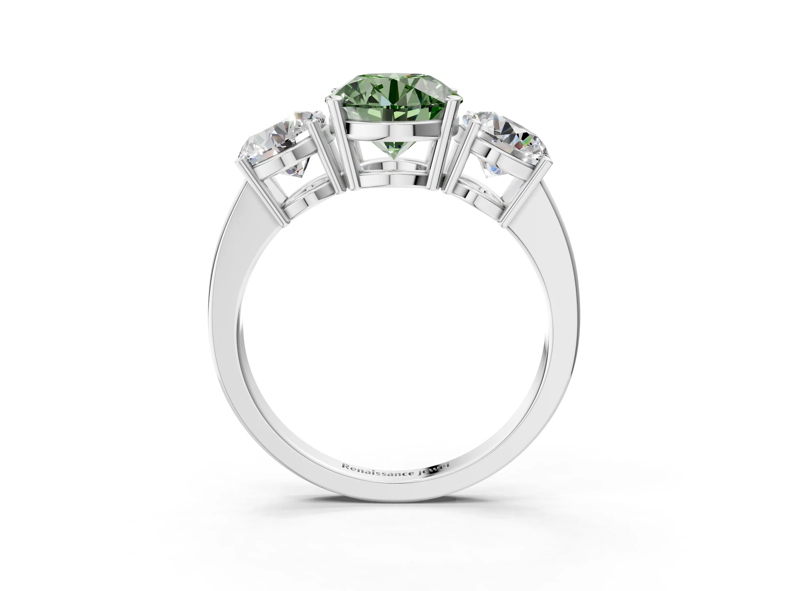 White gold Three-Stone Fancy Green Round Cut Cut Diamond Engagement Ring with Flat Band and Four-Prong Setting_3
