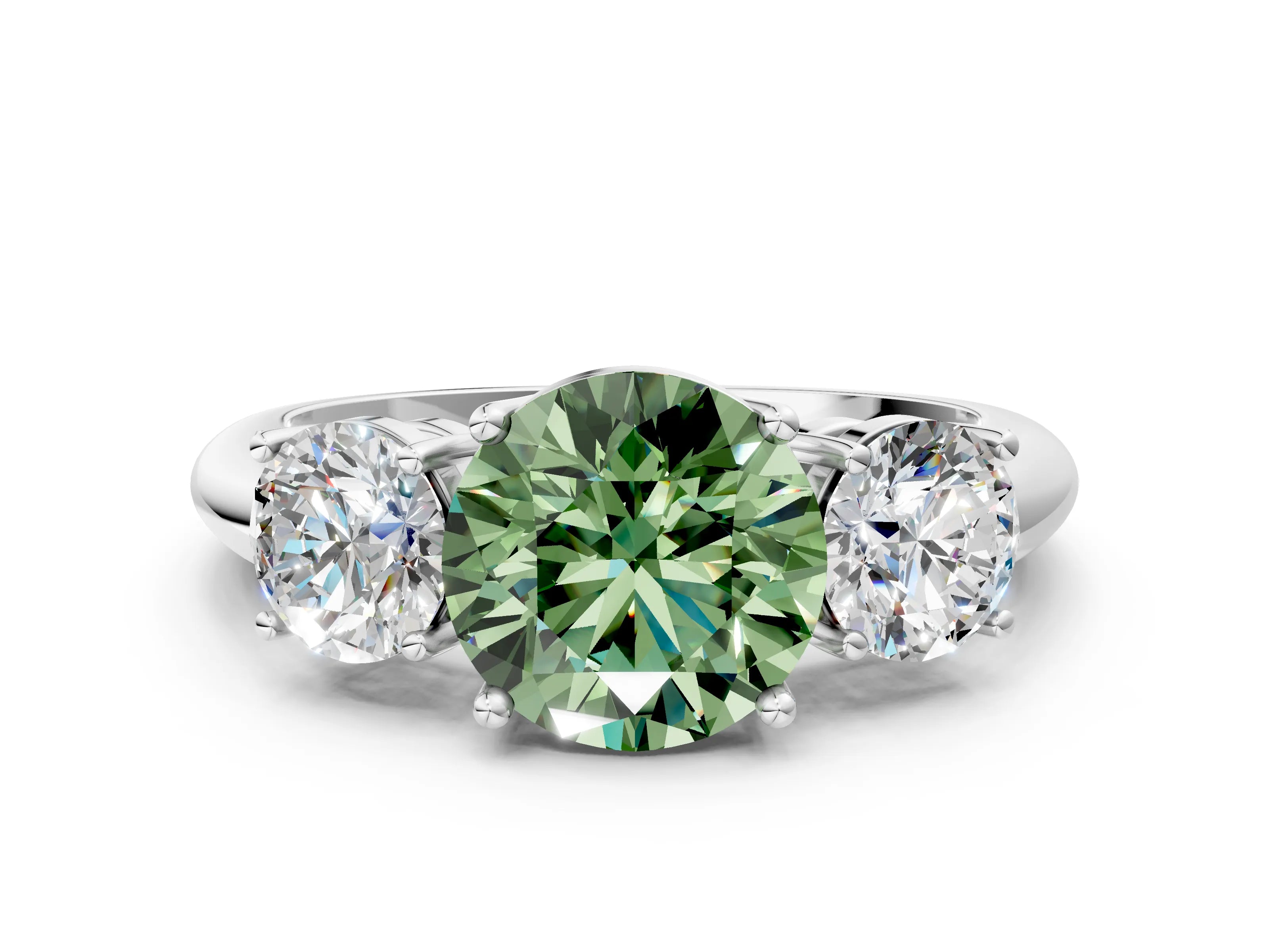 White gold Three-Stone Fancy Green Round Cut Cut Diamond Engagement Ring with Prong Setting on a White Gold Band_12