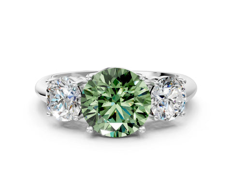 White gold Three-Stone Fancy Green Round Cut Cut Diamond Engagement Ring with Prong Setting on a White Gold Band_12