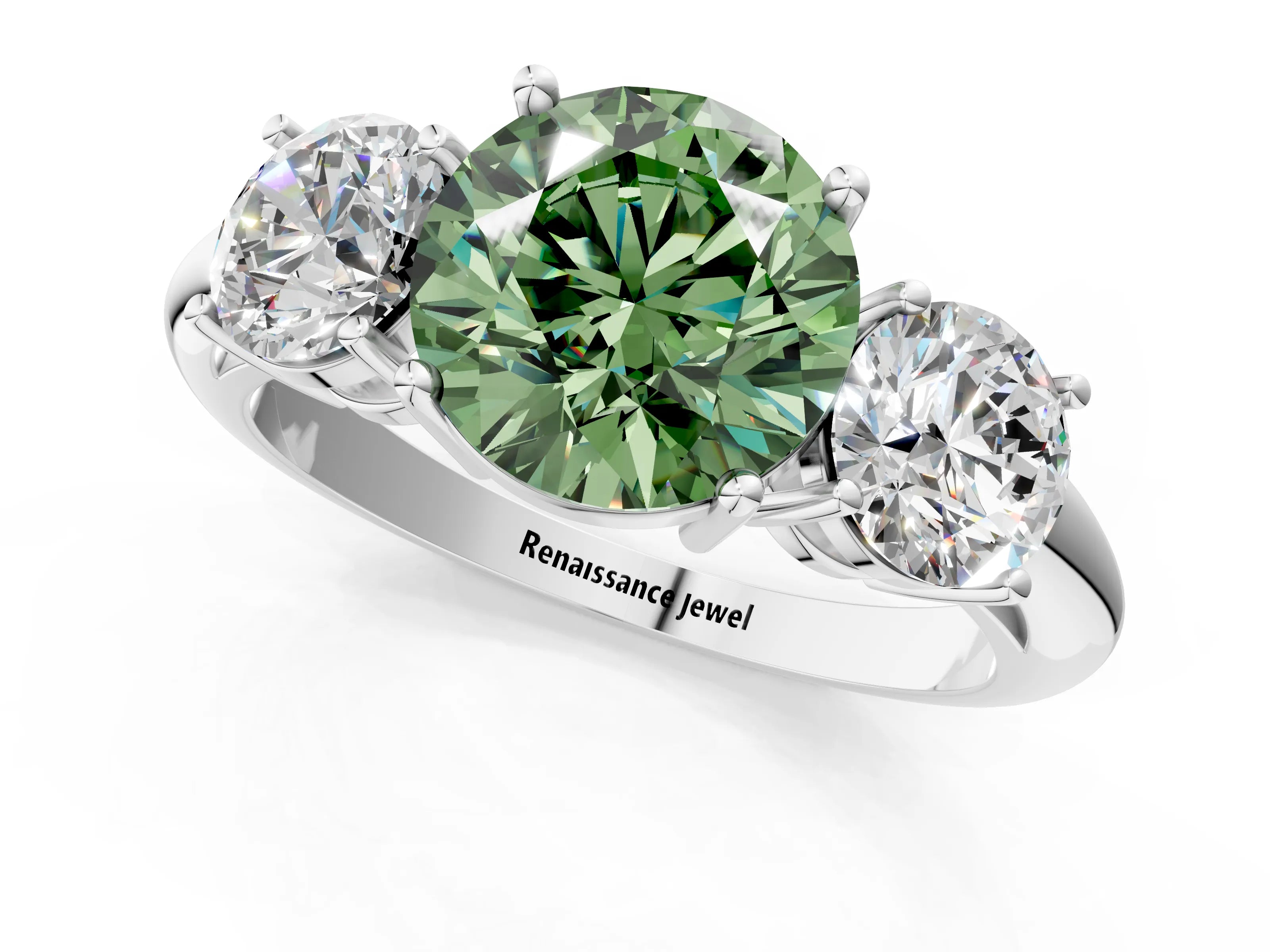 White gold Three-Stone Fancy Green Round Cut Cut Diamond Engagement Ring with Prong Setting on a White Gold Band_13